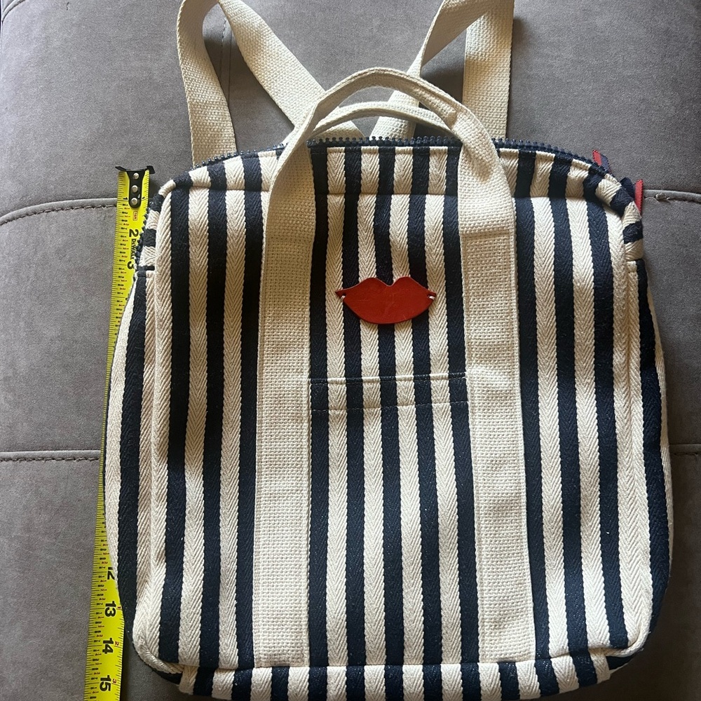 Clare V Striped Canvas Backpack in Navy and Cream with Red Lips Accent